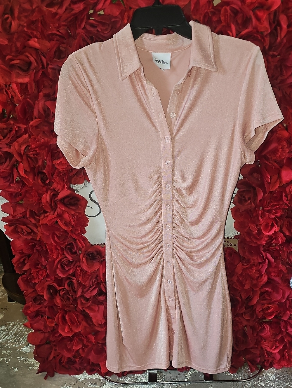 Sky To Moon Shimmery Pink Ruched Button-Up Dress Size Small